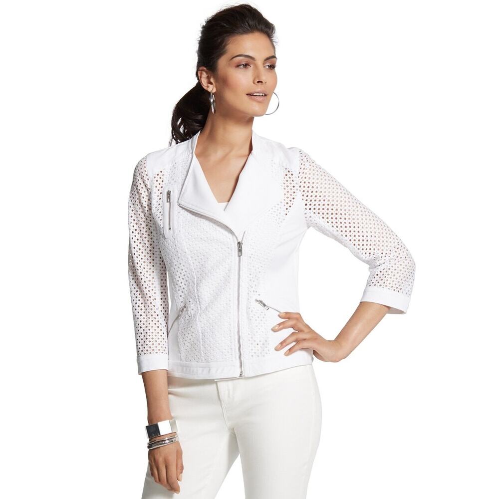 Chicos Diamond Mesh Moto Jacket Womens Large (2) Optic White